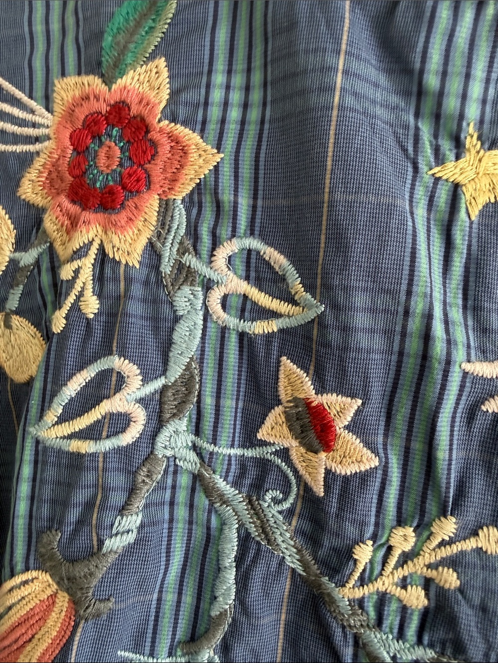Johnny Was Blue Embroidered Floral & Bird Button-Down Shirt - Picture 2 of 6